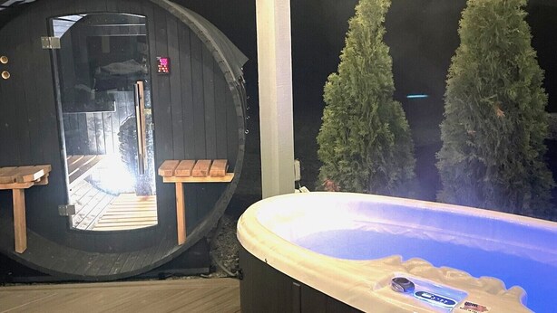 En sauna med bænke, et spabad og to kunsttræer.