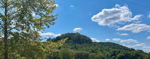 Eine Reihe von Wohnanhängern im Vintage-Stil, gekennzeichnet mit den Nummern 1 bis 4, vor einem tiefblauen Himmel und einem bewaldeten Hügel.