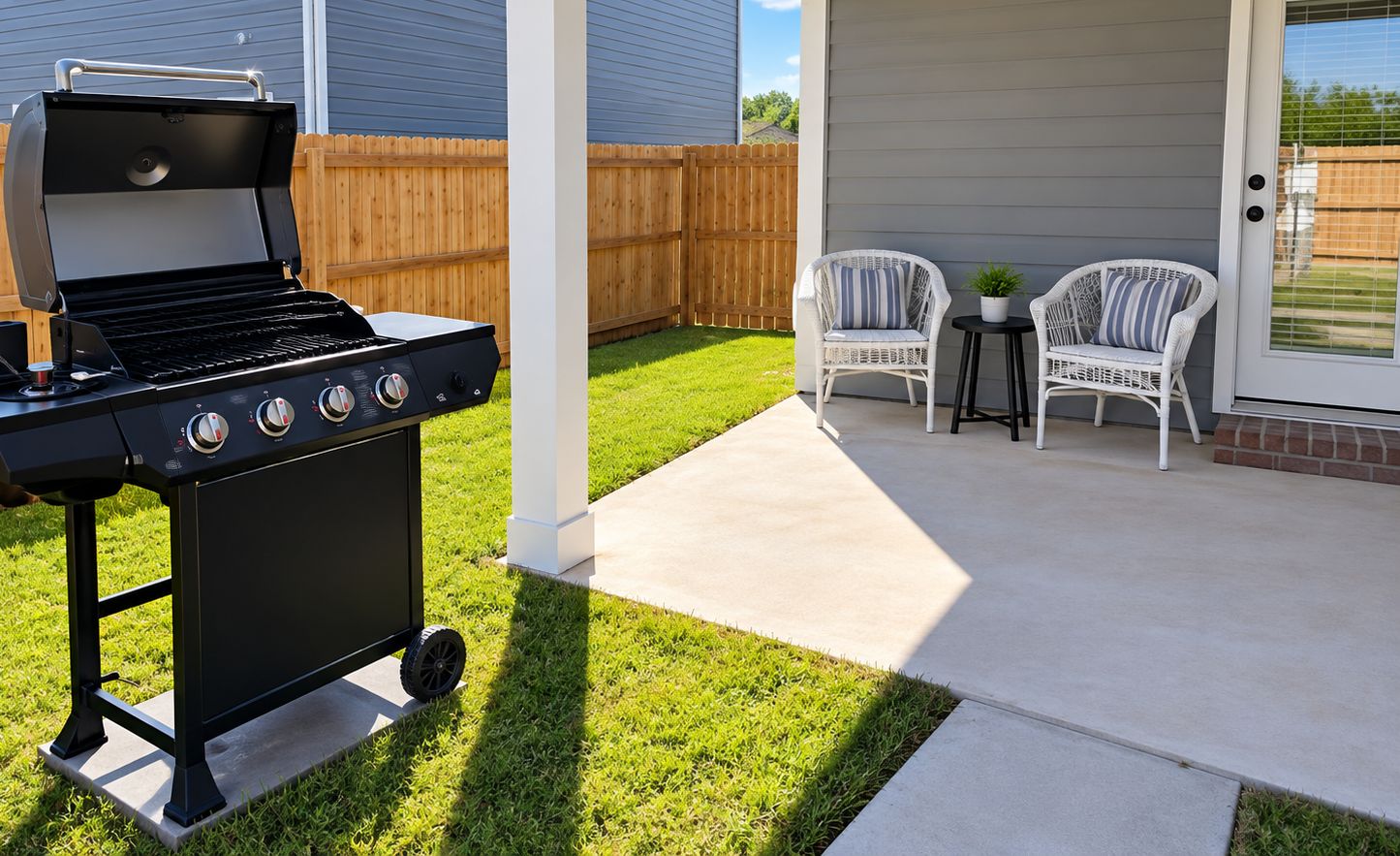 An outdoor patio with a grill, two wicker chairs, and a small table with a plant.