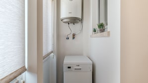 Een compacte badkamer met een wit toilet, een wandradiator en een klein plankje met potplanten.