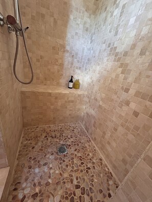 Hair dryer, towels, soap, toilet paper