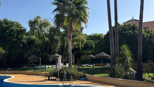A swimming pool with palm trees and lounge chairs. - ISLANTUR IPANEMA (Isla Cristina)
