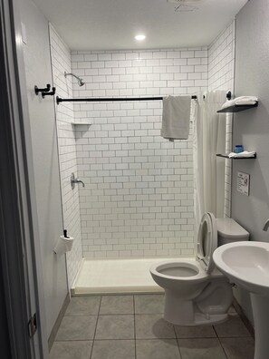 Shower, towels, soap, toilet paper