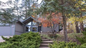 A modern house with a stone staircase leading to a front door, surrounded by dense greenery and tall trees. - Flagstaff Retreat w/ Hot Tub + Fireplace (Flagstaff)