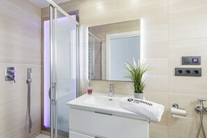 Shower, hair dryer, bidet, towels