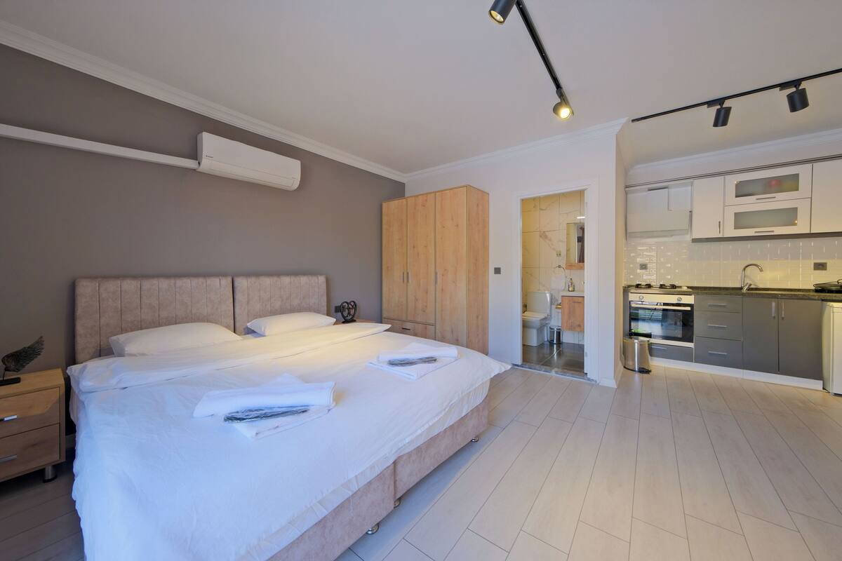 A modern bedroom with a large bed, a wooden wardrobe, and a kitchenette in the adjacent room.