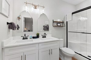 Hair dryer, towels, soap, toilet paper