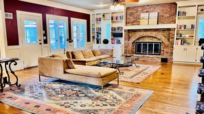Smart TV, fireplace, books