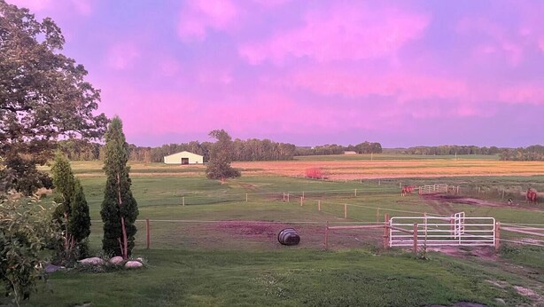 A rural landscape with a fenced pasture, a small building, and trees. - Yahweh Horse Retreat (Long Prairie)