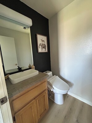 Hiustenkuivaaja, bidee, pyyhkeet, saippua