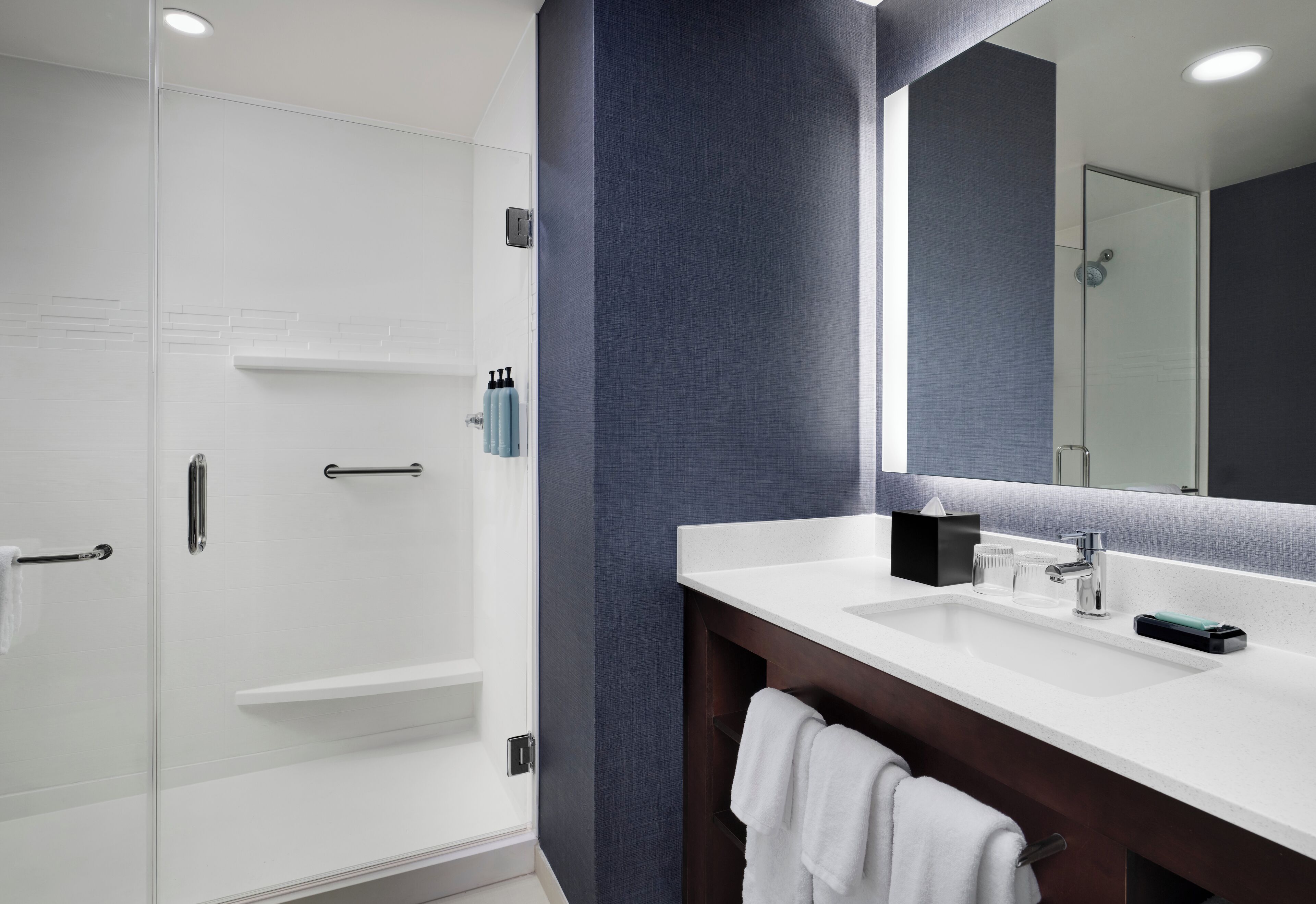 A modern bathroom with a glass shower enclosure, a white vanity with a large mirror, and a dark blue accent wall.