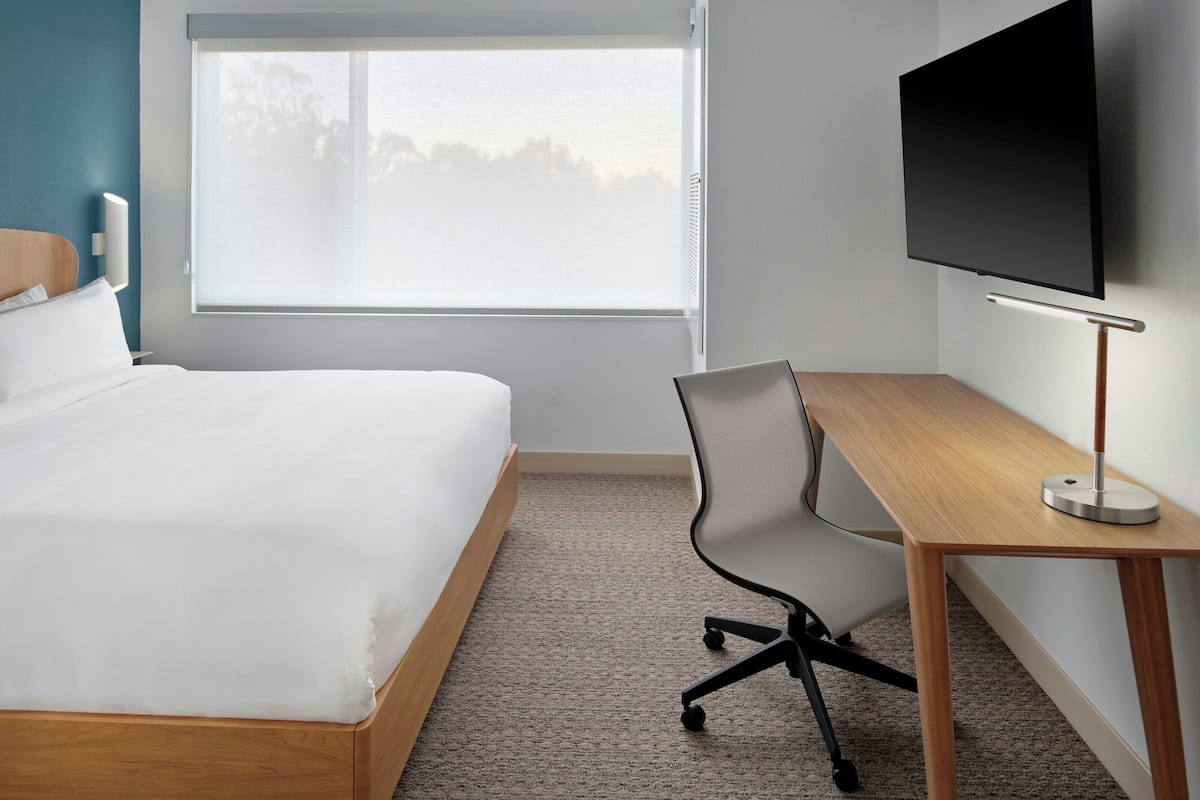 A hotel room with a bed, a desk with a chair, a TV, and a window with a view of trees.