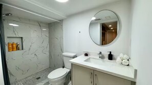 Shower, hair dryer, bidet, towels