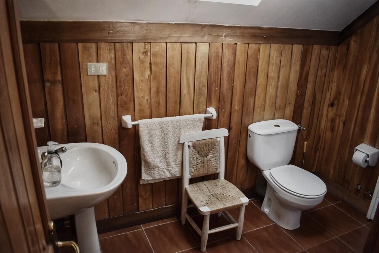 Casa de banho com painéis de madeira, uma pia branca, uma cadeira de madeira e sanita.