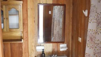 Un baño con paneles de madera, un lavamanos blanco, un espejo y un inodoro.