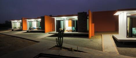 A modern building with multiple glass doors and a cactus in the foreground.