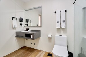 Shower, hair dryer, towels