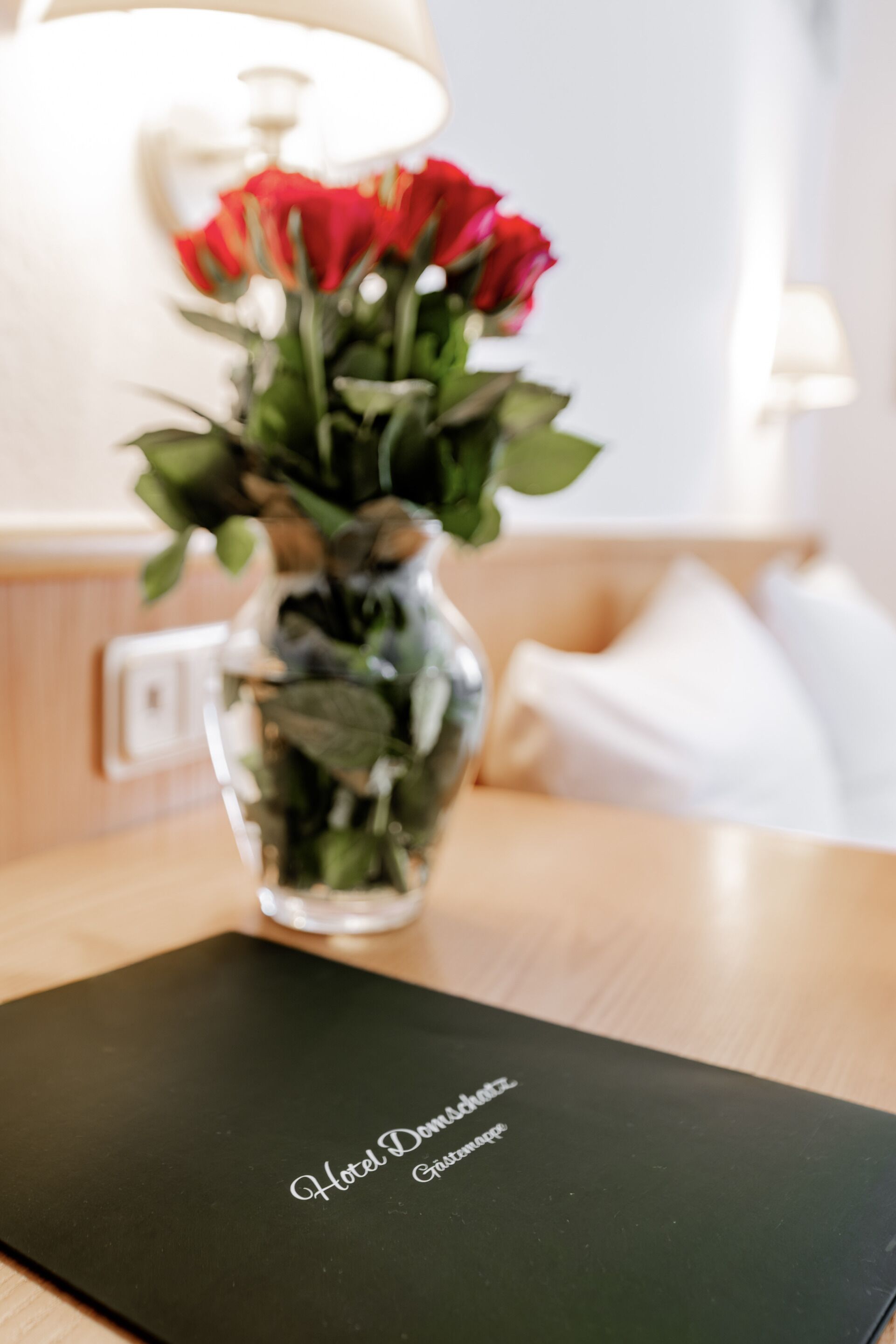 Una carpeta negra con el texto 'Hotel Dom' y 'Gartenapp' sobre una superficie de madera.