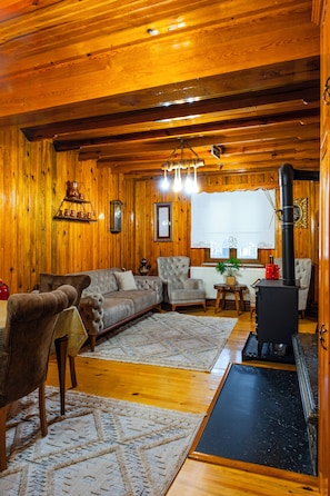 Alpehytte – deluxe, fjellutsikt | Oppholdsrom | Peis