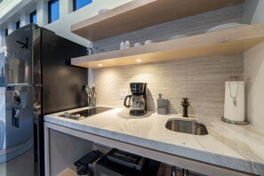 Fridge, microwave, stovetop, coffee/tea maker