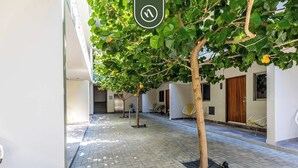 A corridor with a tiled floor, a tree, and a sign with a symbol. - Centric Apt in Downtown - Rooftop Pool - Terrace (Cabo San Lucas)