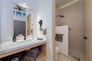 Shower, hair dryer, towels