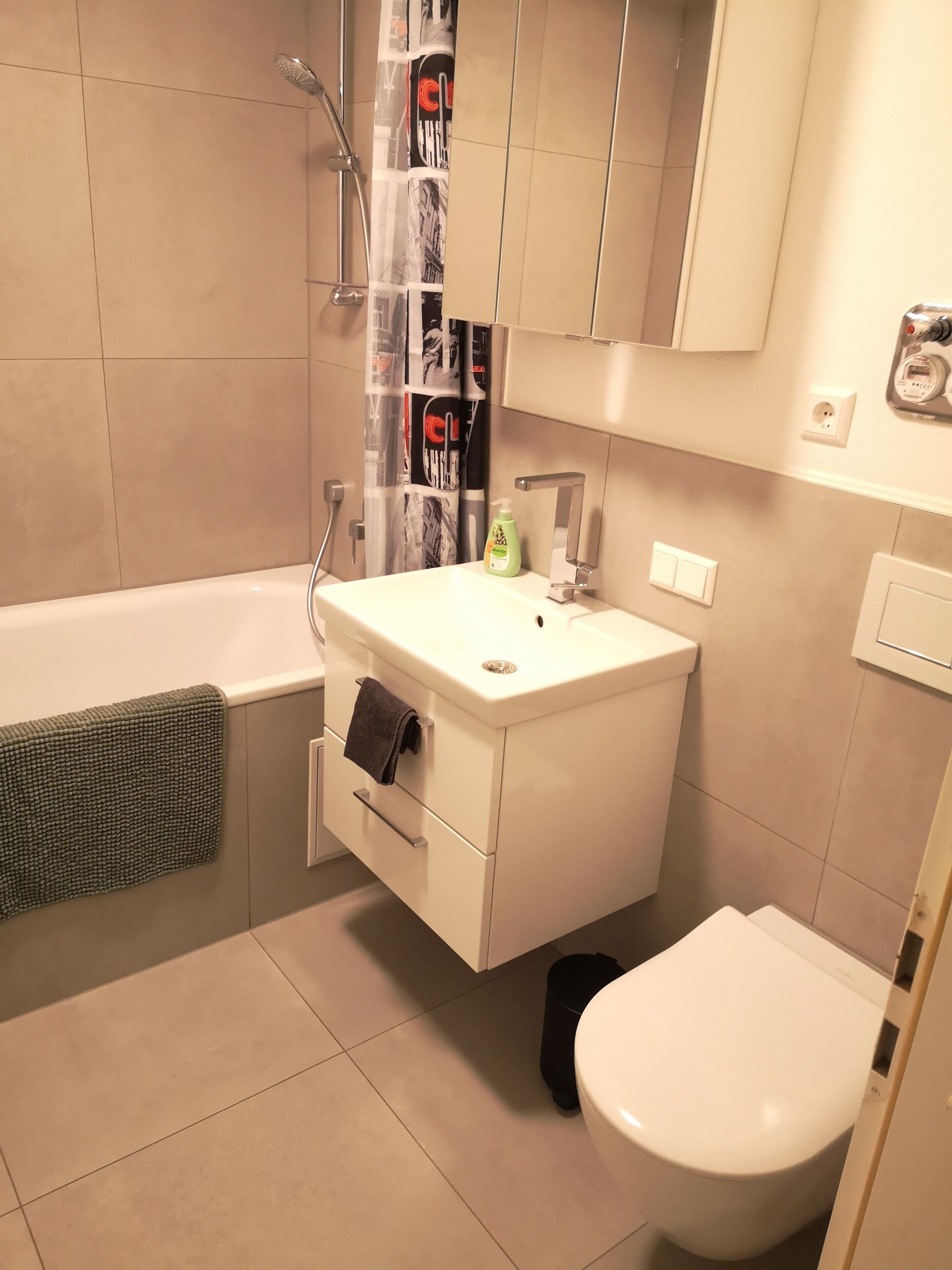 Hair dryer, towels, soap, toilet paper