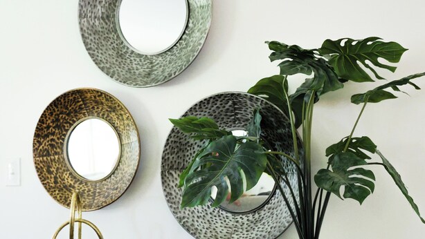 Una habitación moderna con una mesa de madera oscura, tres espejos decorativos, una planta en maceta y un objeto blanco pequeño sobre la mesa.