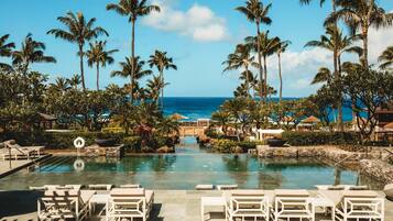 Outdoor pool, pool umbrellas, pool loungers