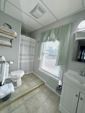 A bathroom with a toilet, sink, and shower.