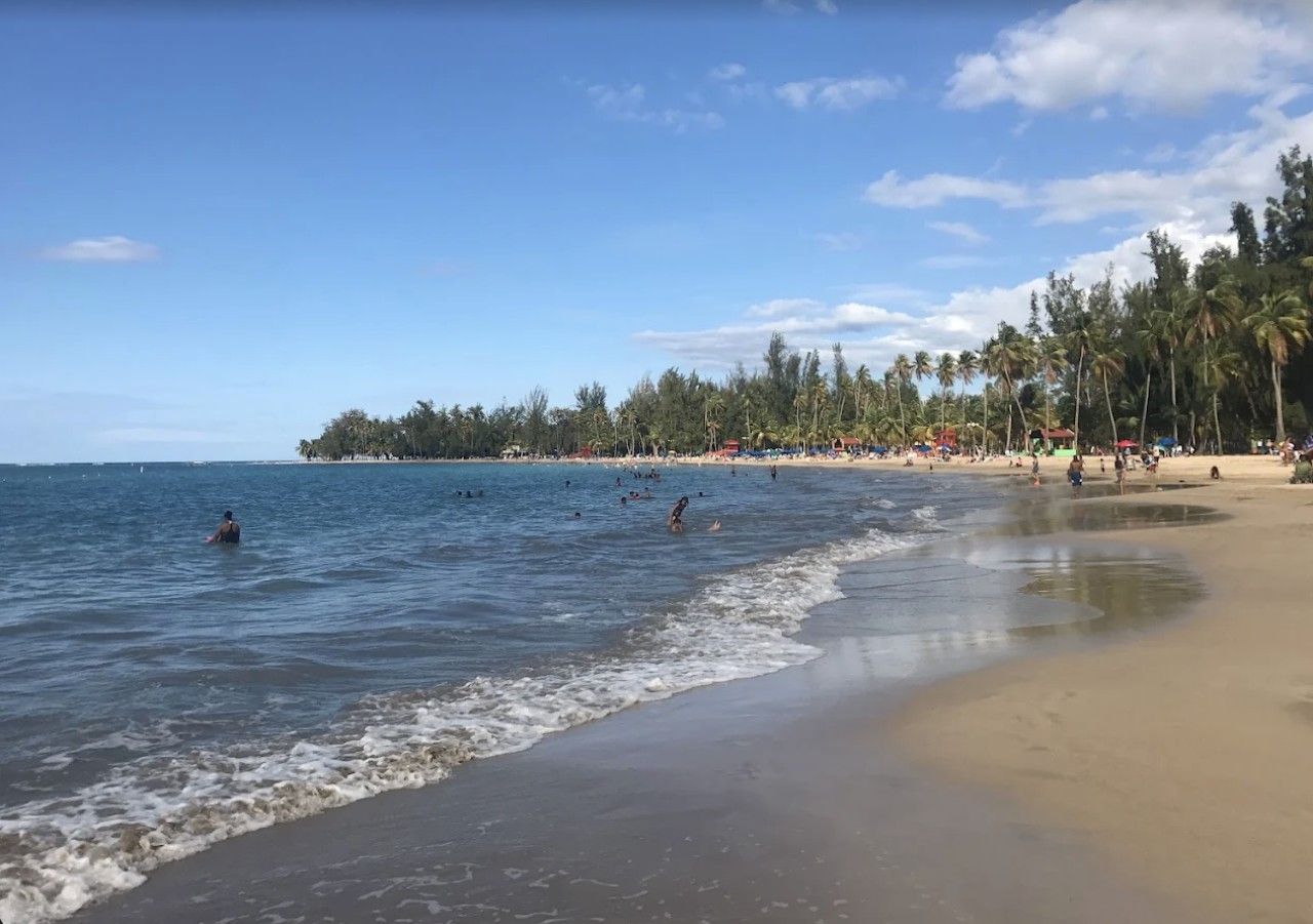 Ein Strand mit klarem Wasser, badenden Personen und Palmen im Hintergrund.