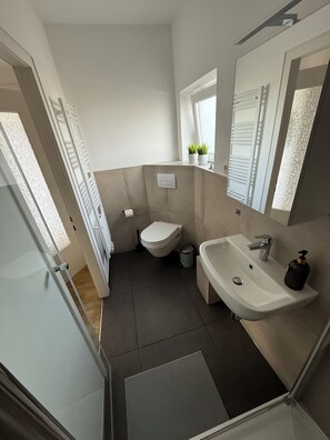 Shower, hair dryer, towels, soap - Cozy 2-room apartment with large roof terrace (Bremen)