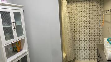 Hair dryer, towels, soap, toilet paper