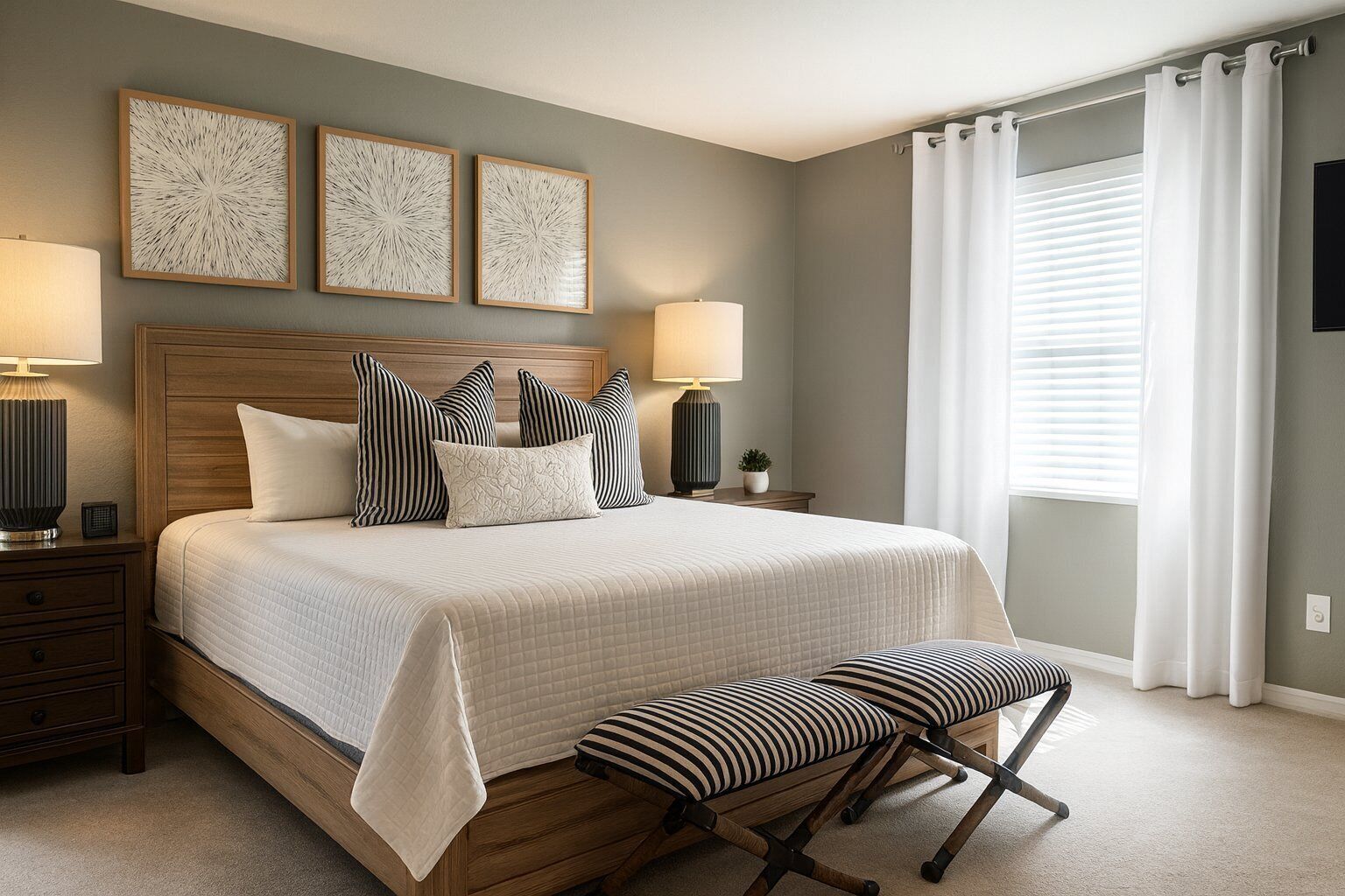 A bedroom with a large bed, two bedside tables, a bench, and three wall-mounted artworks.