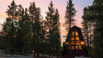 A cabin with a triangular roof surrounded by tall pine trees.