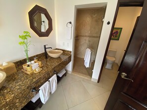 Regadera, secadora de cabello, toallas, jabón 