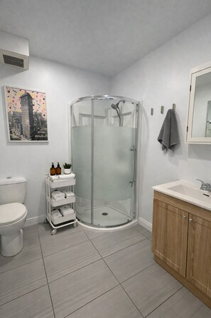 Shower, hair dryer, towels, soap