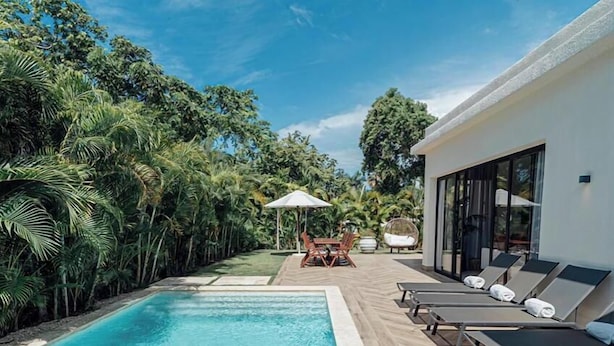 Une piscine entourée d’une végétation luxuriante, avec des chaises longues et une table à proximité.