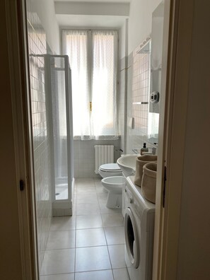 Dusche, umweltfreundliche Kosmetikartikel, Haartrockner, Bidet