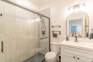 Hair dryer, towels, soap, shampoo