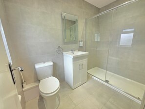 Chuveiro, secador de cabelo, toalhas de banho, sabonete