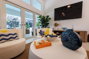 Smart TV, fireplace, video games, books