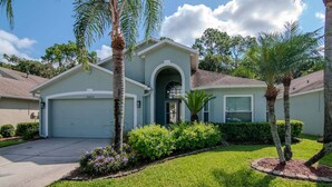 A single-story house with a garage, surrounded by a well-maintained lawn and palm trees. - Deer Run in Wesley Chapel 4br-3ba (Zephyrhills)
