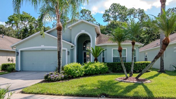 A residential house with a garage, a well-maintained lawn, and palm trees. - Deer Run in Wesley Chapel 4br-3ba (Zephyrhills)
