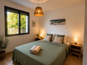 A bedroom with a bed, two bedside lamps, a window with a view, a hanging light fixture, and a small plant. - Au calme, belle maison récente climatisée pour 6 personnes (LANTON)