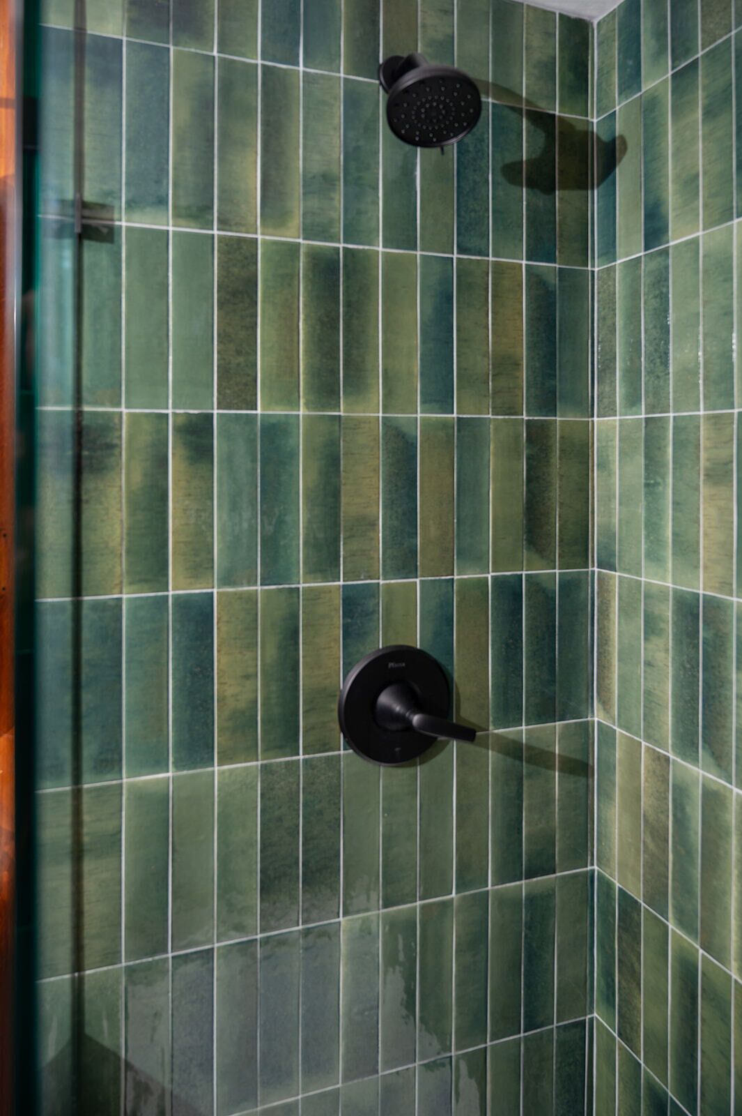 A shower with a handheld showerhead and a wall-mounted control.