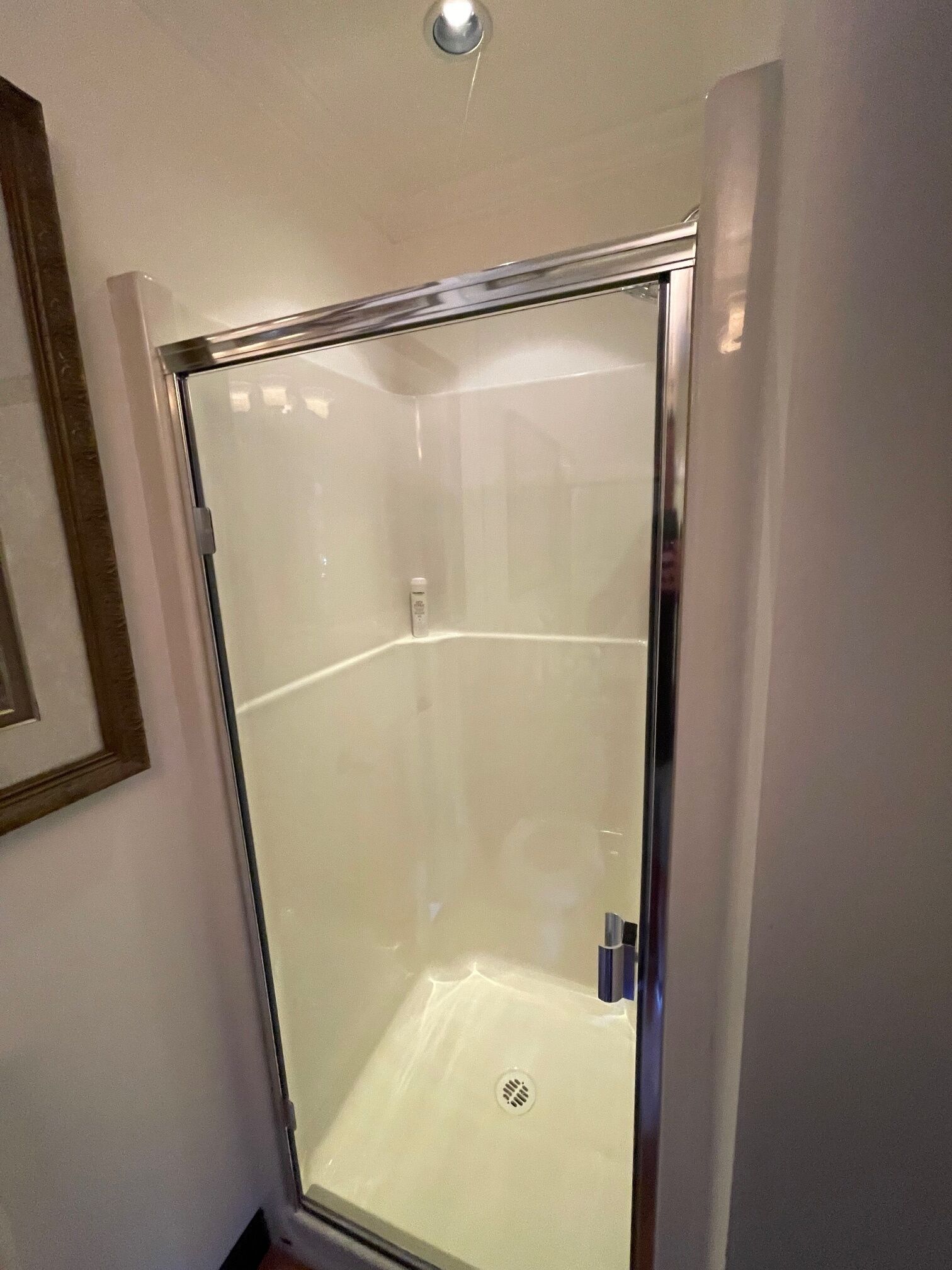 Une cabine de douche fermée par des parois en verre, dotée d’un cadre en chrome, d’un drain visible et d’un luminaire placé au-dessus.