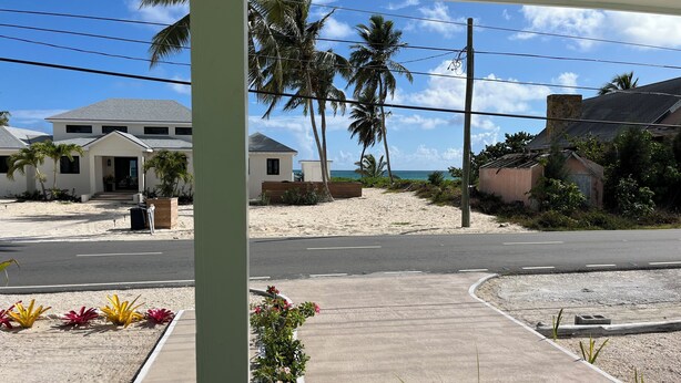 Una proprietà fronte spiaggia con vialetto asfaltato, palme e spiaggia sabbiosa.