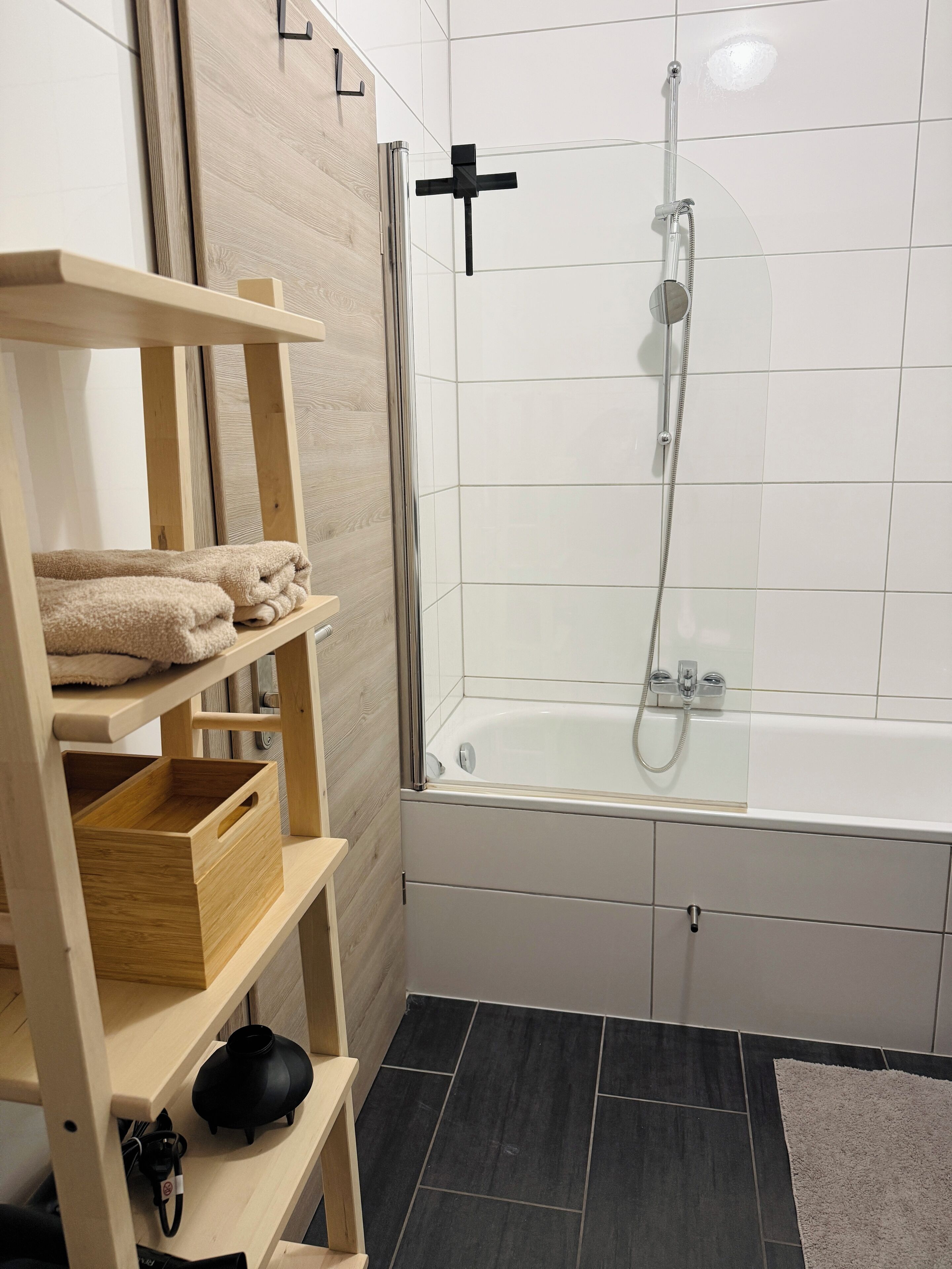 Hair dryer, towels, toilet paper