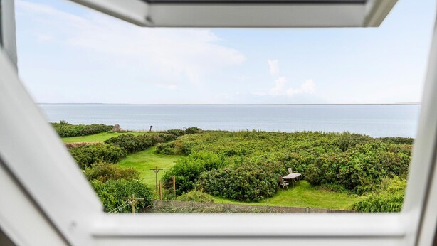 Blick durch ein Fenster auf einen Garten mit Rasen, Büschen und einem Tisch mit Stühlen.